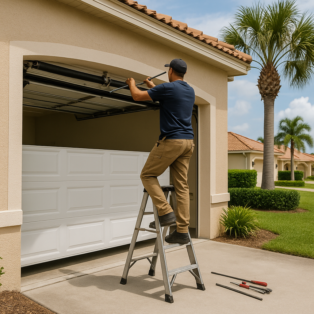 Garage door repairman working on spring system outside home