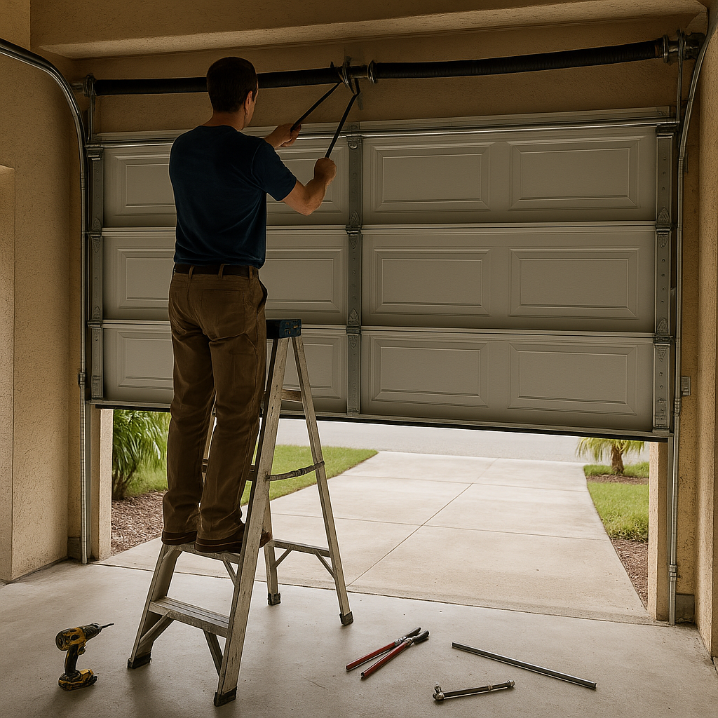 Garage door repair technician working on overhead door spring