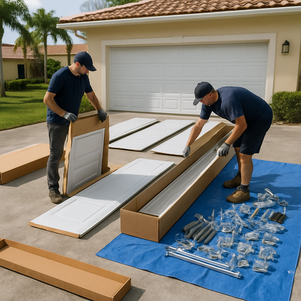 Garage door installation with components laid out