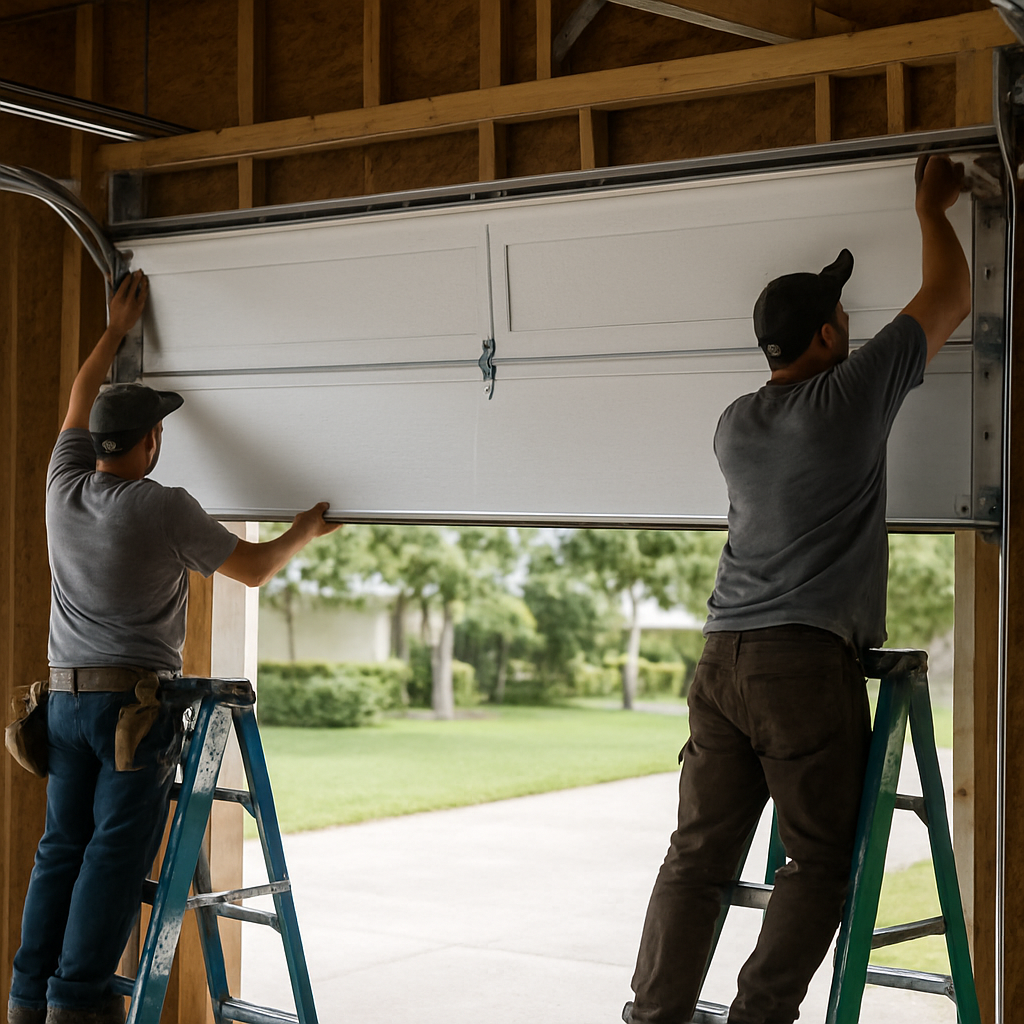 Garage door installation by professionals on ladders