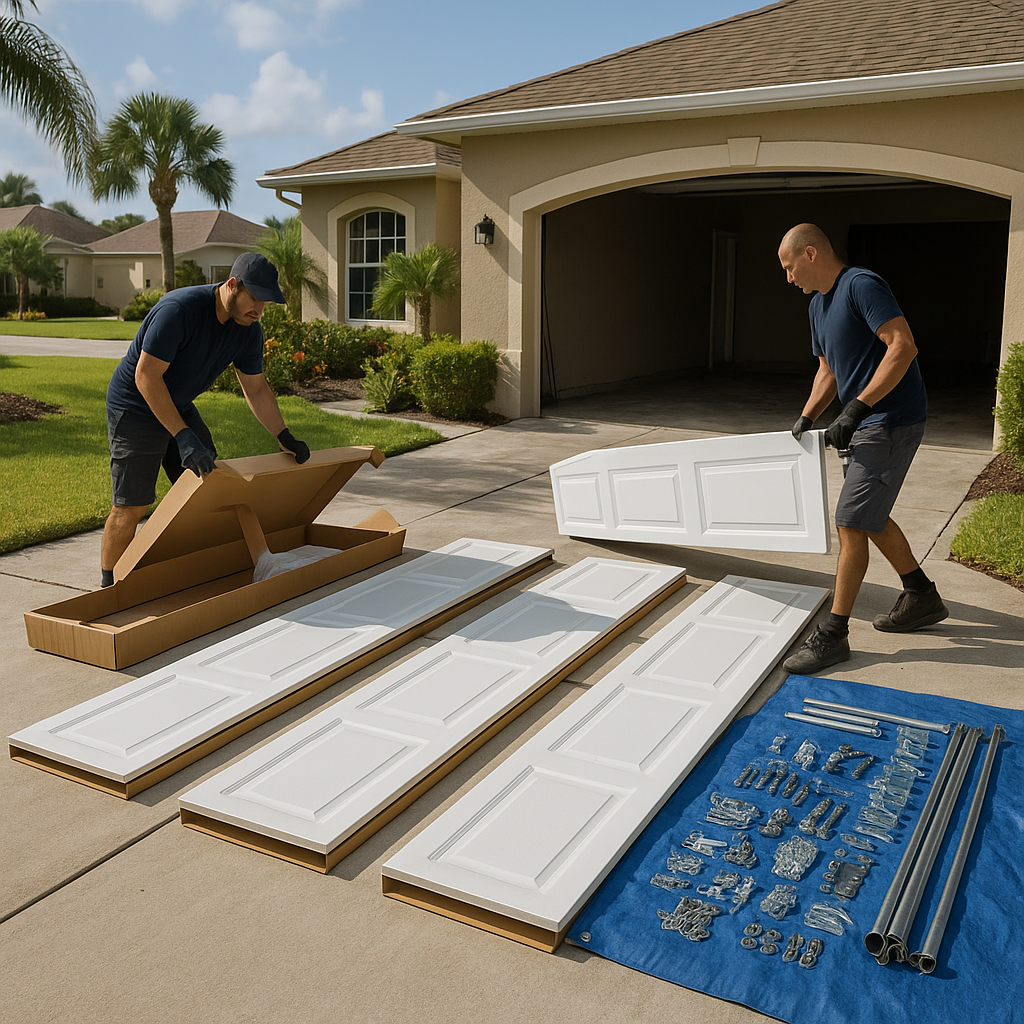 Garage door panels and hardware ready for installation by professionals.