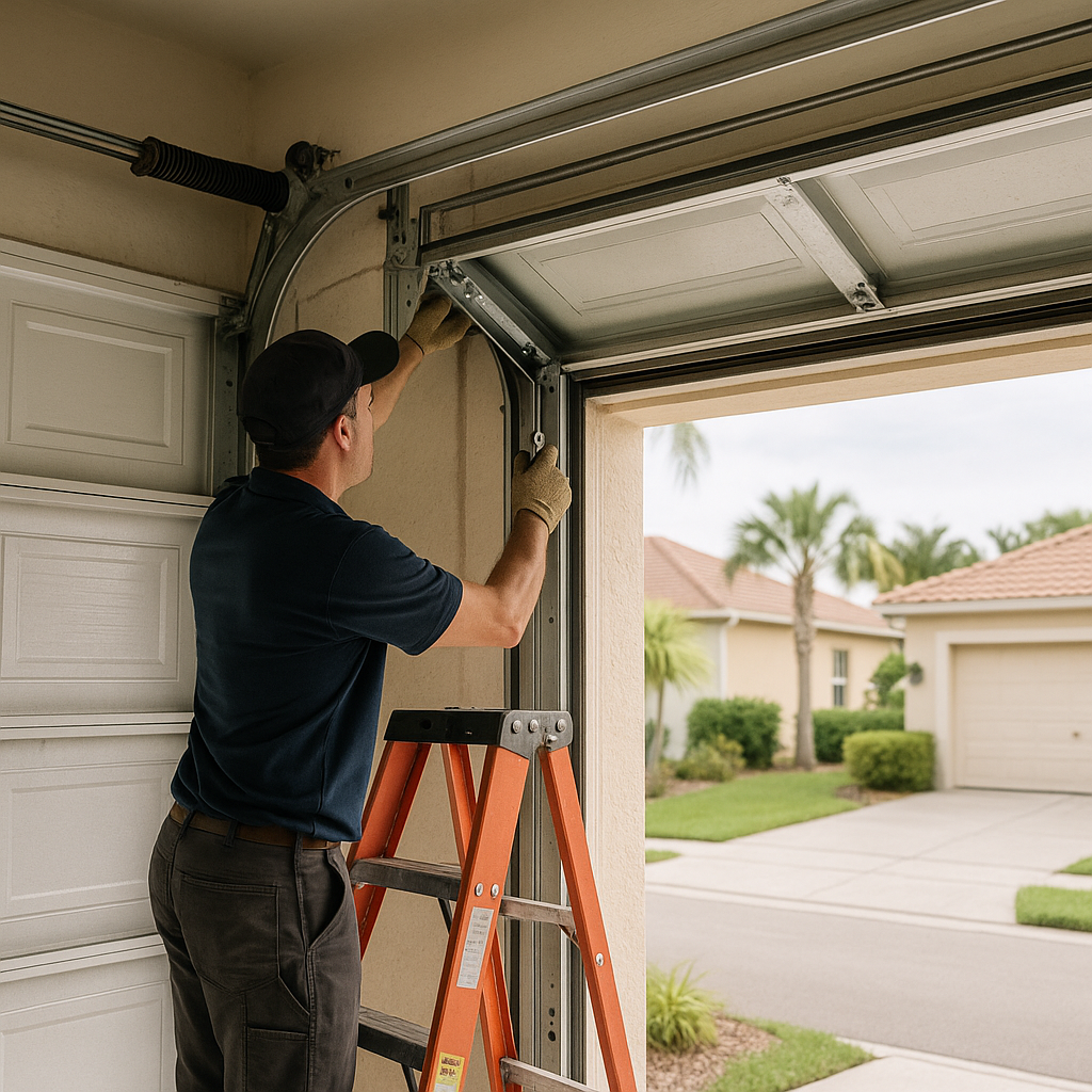 Garage door repair technician installing parts on overhead door. in Bonita Springs, FL