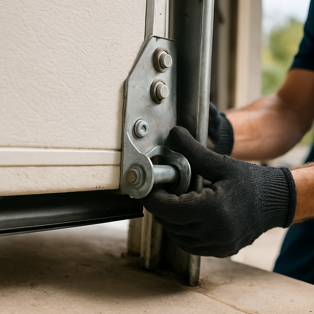 Gloved hand repairs garage door mechanism in Bonita Springs, FL