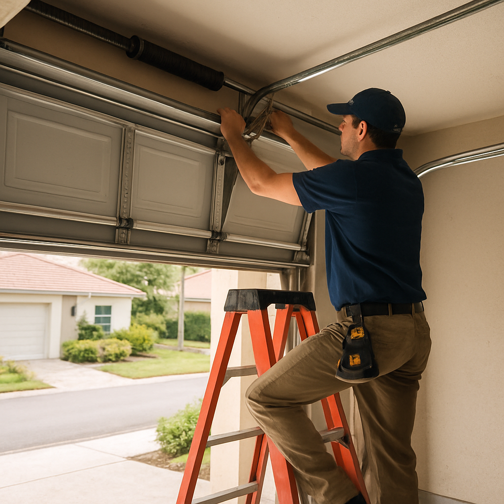 Garage door repair technician working on emergency door spring in Naples Park, FL