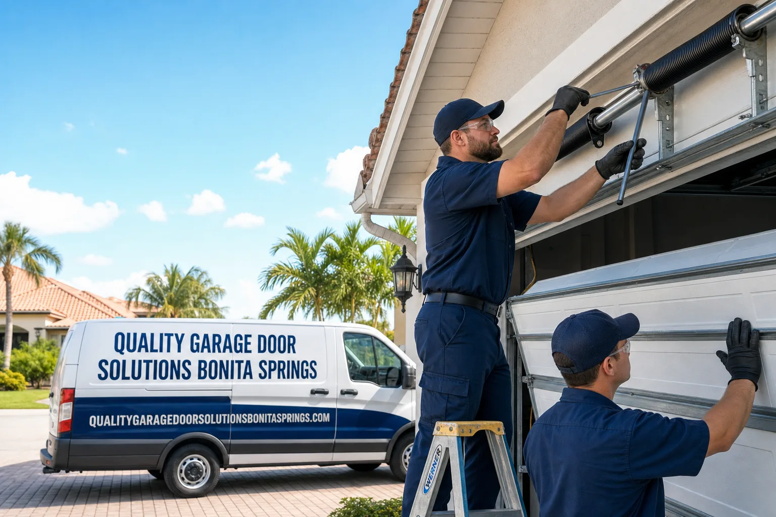 Quality Garage Door Solutions Bonita Springs service vehicle and crew in Bonita Springs, FL